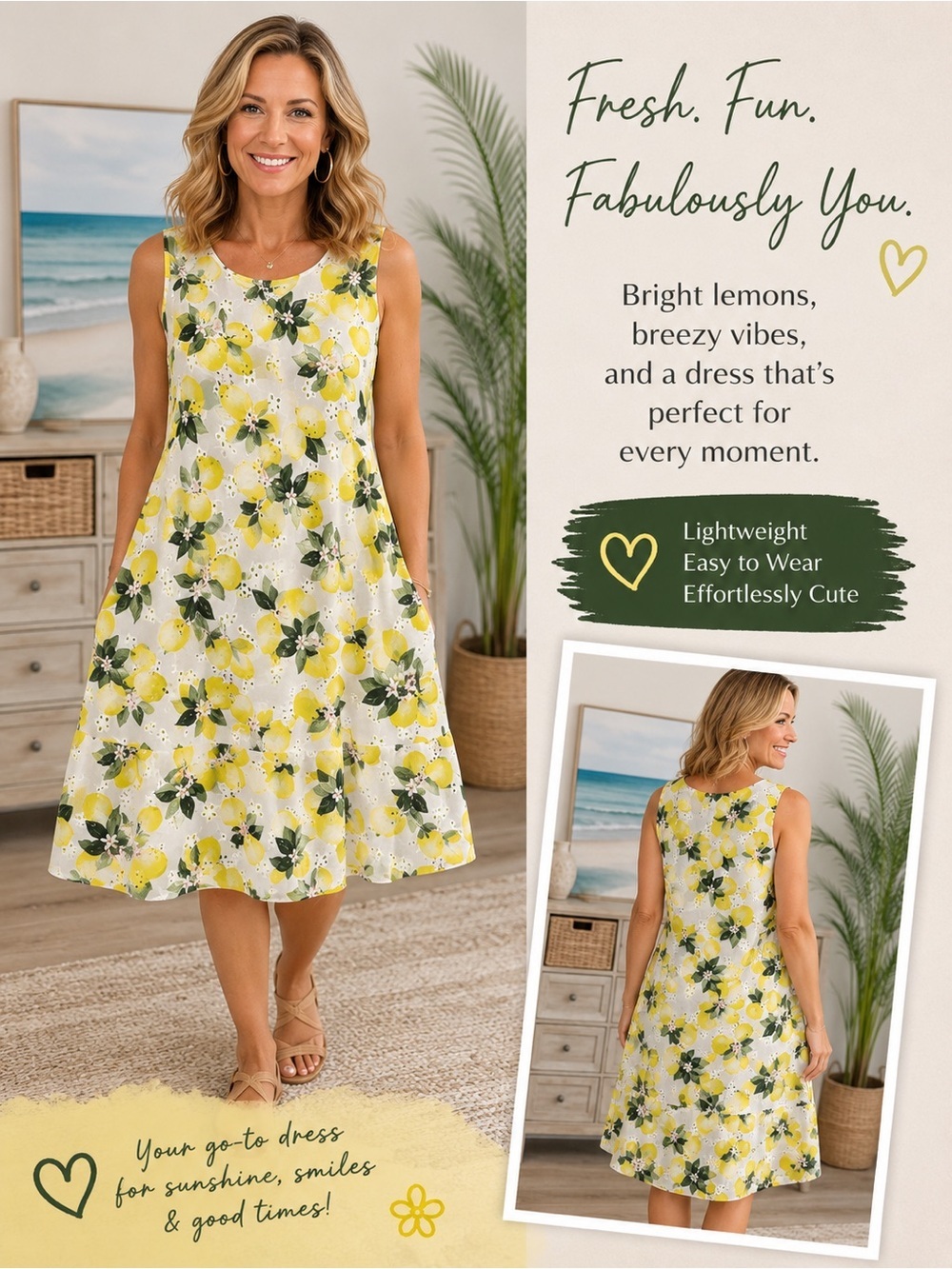Freestyle Lemon Print Eyelet Sleeveless Dress, White/Yellow Made in Italy
